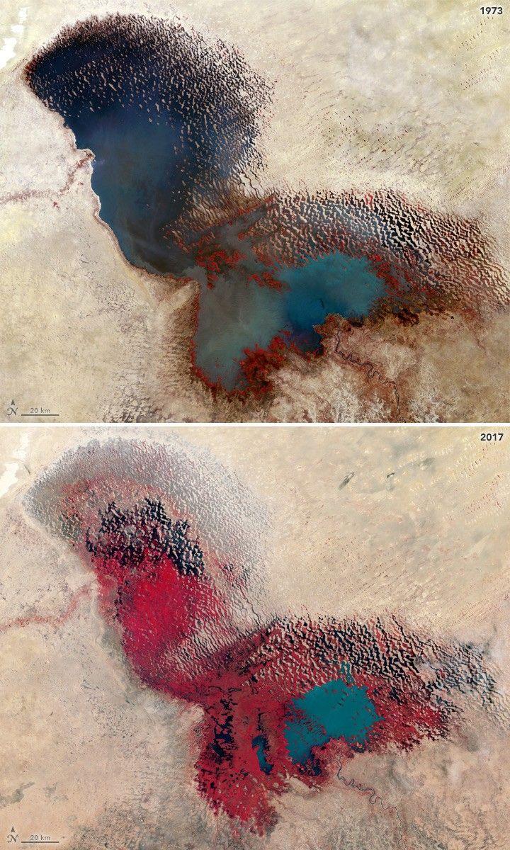 Satellitenvergleich des Tschadsees 1973 und 2017